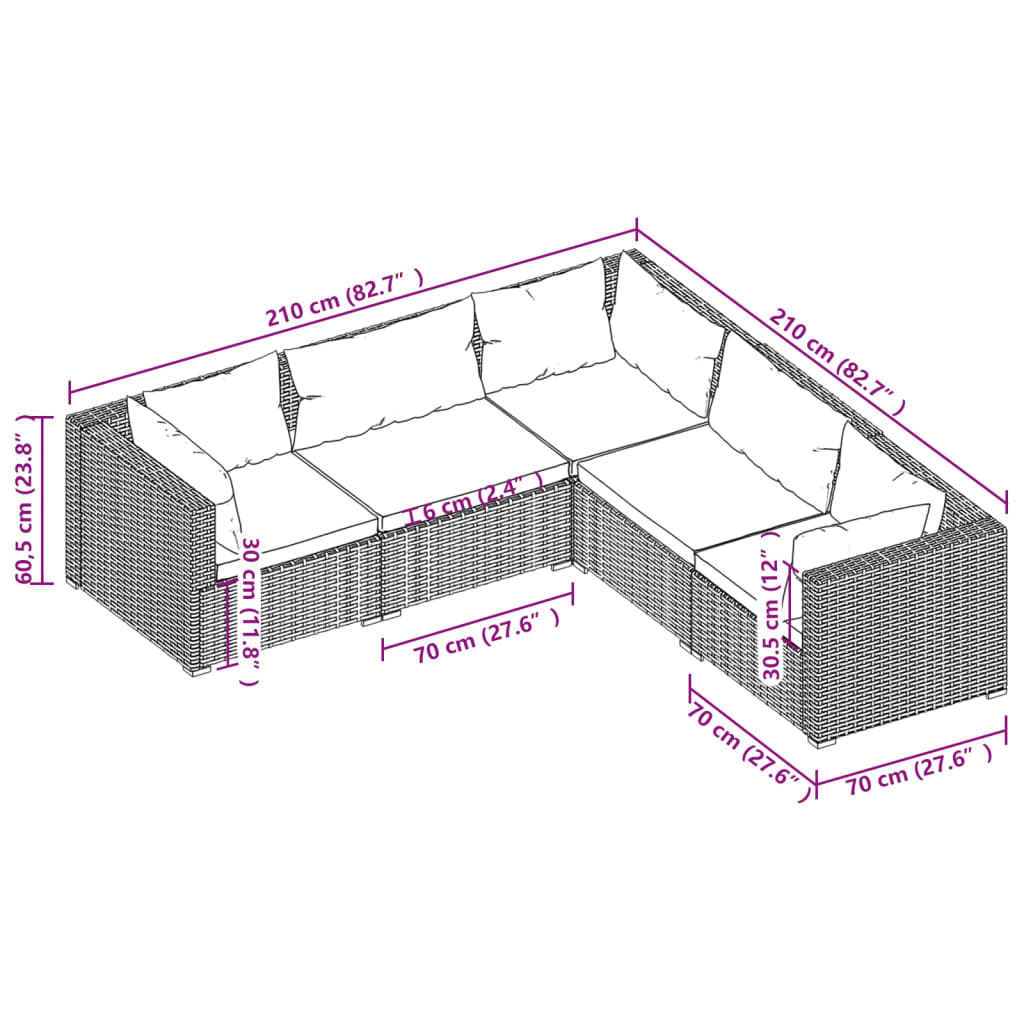 5 pcs conjunto lounge jardim c/ almofadões vime PE castanho