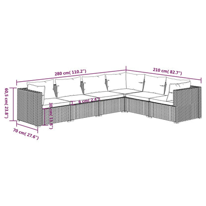 6 pcs conjunto lounge jardim c/ almofadões vime PE castanho