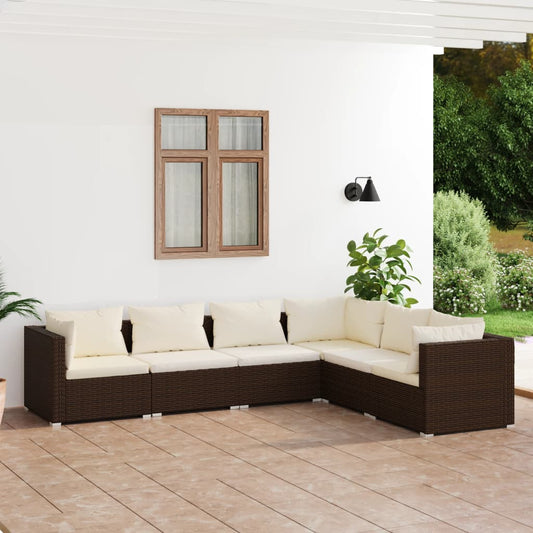 6 pcs conjunto lounge jardim c/ almofadões vime PE castanho