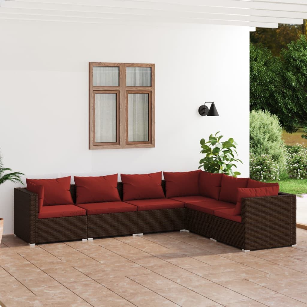 6 pcs conjunto lounge jardim c/ almofadões vime PE castanho