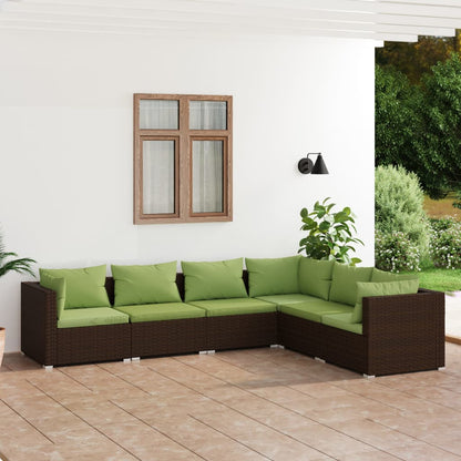 6 pcs conjunto lounge de jardim c/ almofadões vime PE castanho