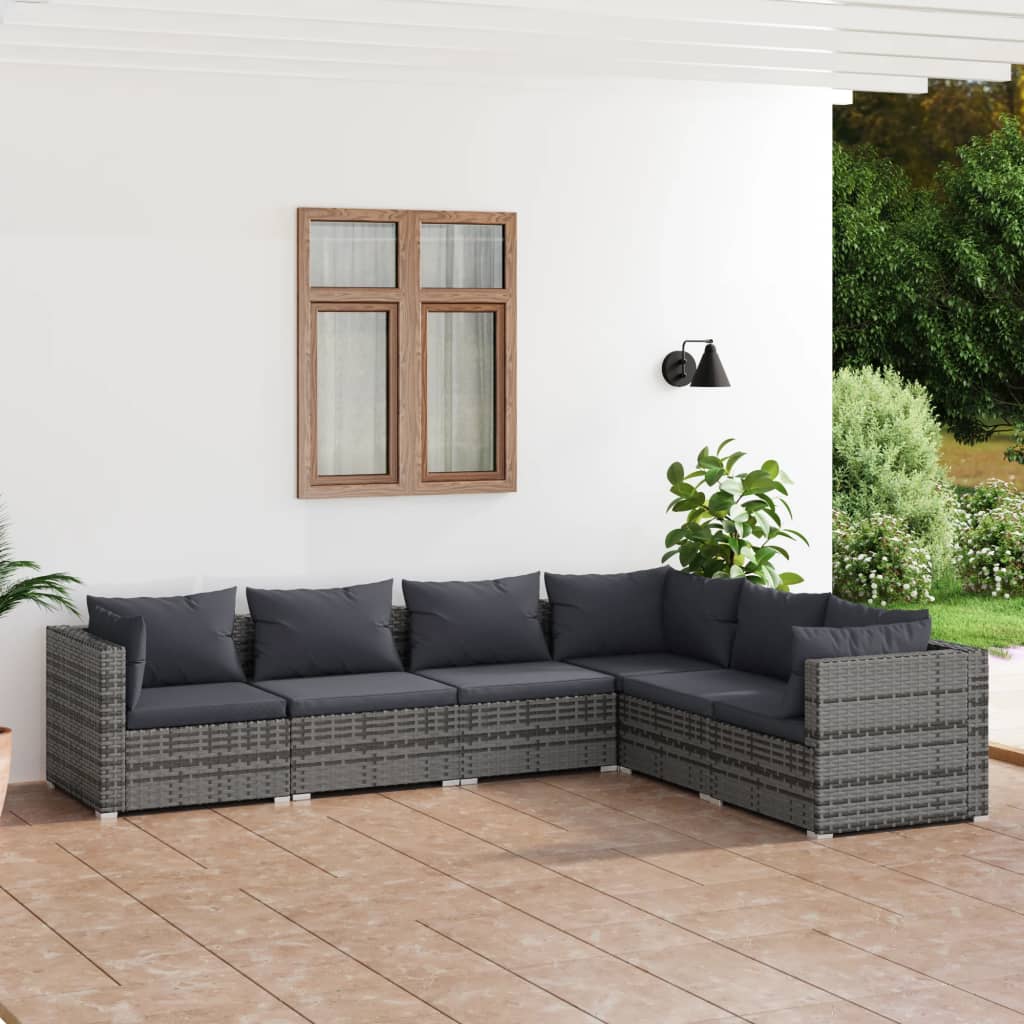 6 pcs conjunto lounge de jardim c/ almofadões vime PE cinzento