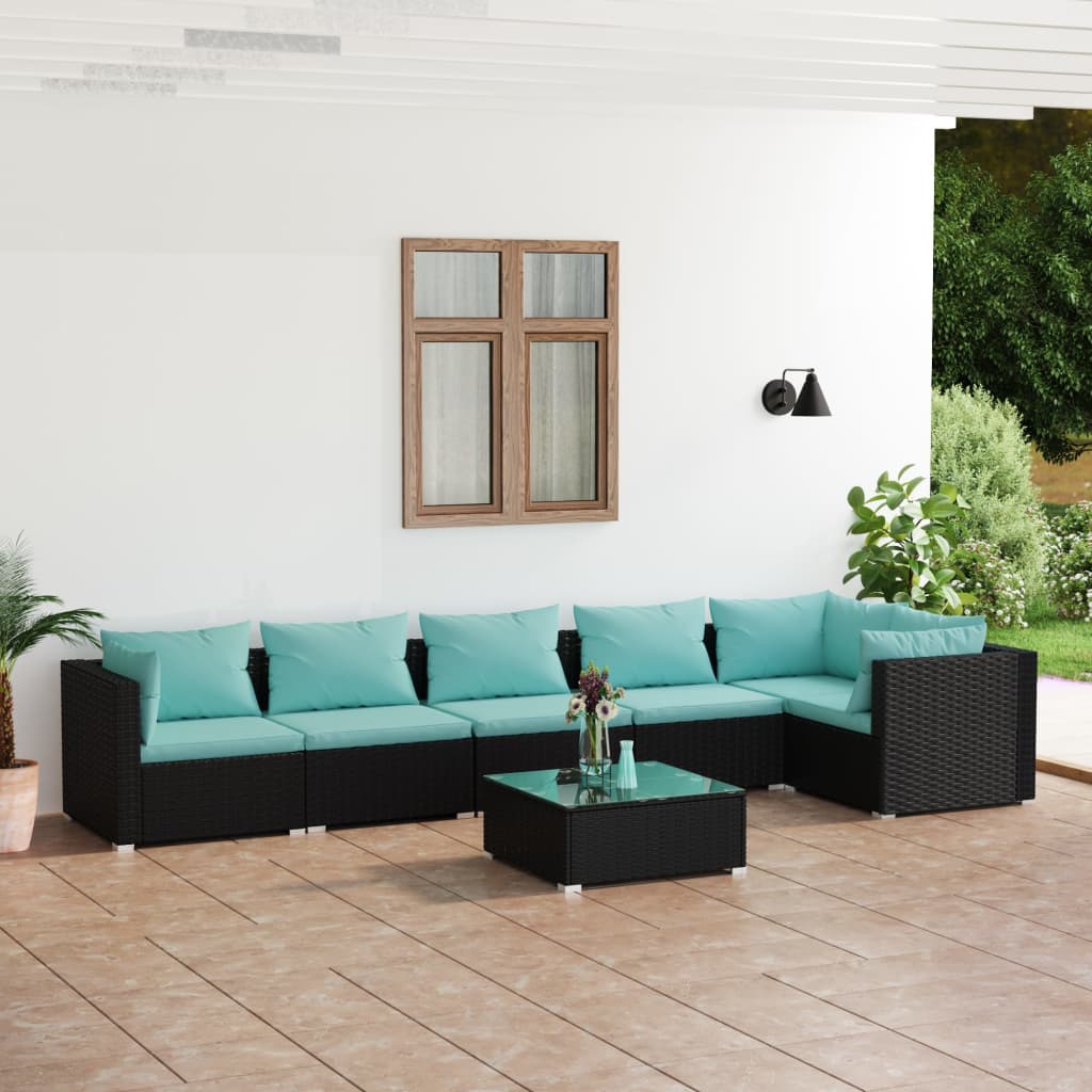 7 pcs conjunto lounge de jardim c/ almofadões vime PE preto