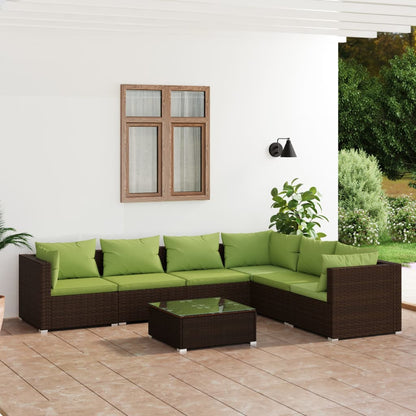 7 pcs conjunto lounge de jardim c/ almofadões vime PE castanho