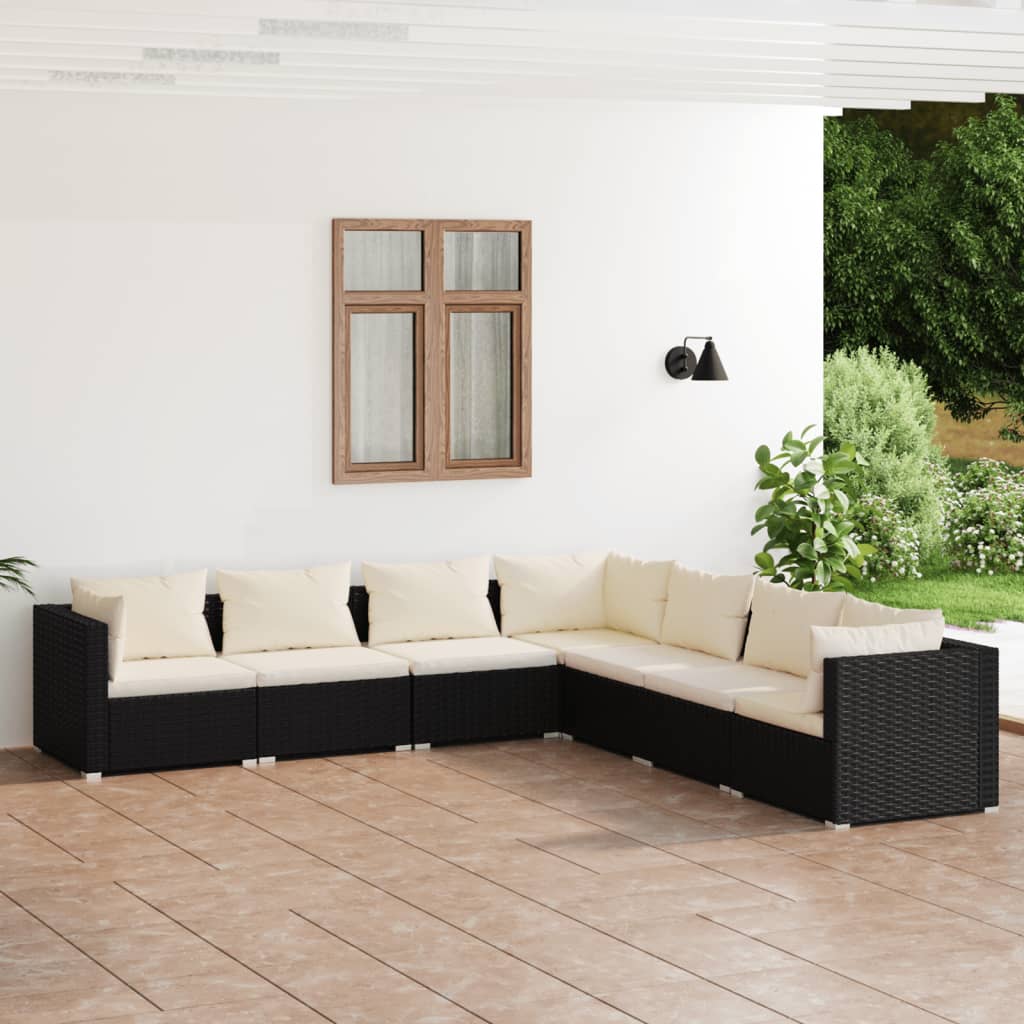 7 pcs conjunto lounge de jardim c/ almofadões vime PE preto