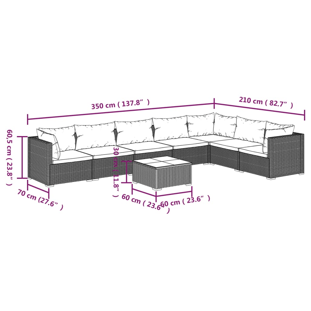 8 pcs conjunto lounge de jardim c/ almofadões vime PE preto