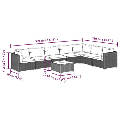 8 pcs conjunto lounge jardim c/ almofadões vime PE castanho