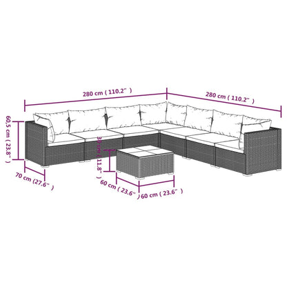 8 pcs conjunto lounge jardim c/ almofadões vime PE castanho