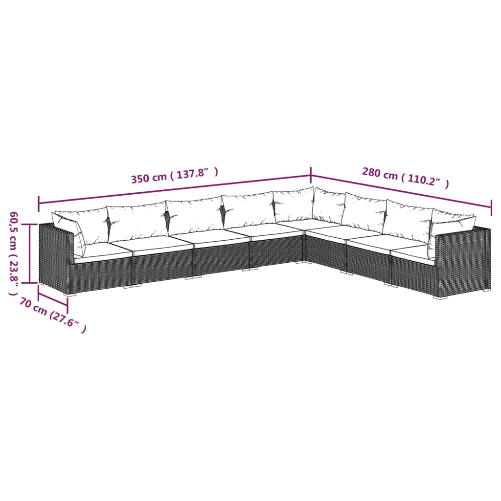 8 pcs conjunto lounge de jardim c/ almofadões vime PE preto