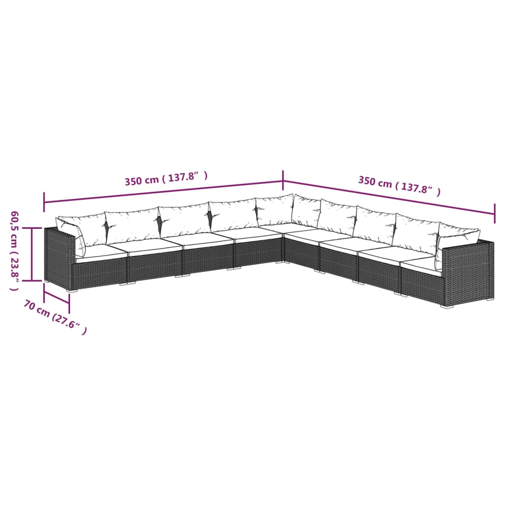 9 pcs conjunto lounge jardim c/ almofadões vime PE castanho