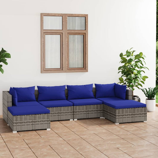 6 pcs conjunto lounge de jardim c/ almofadões vime PE cinzento