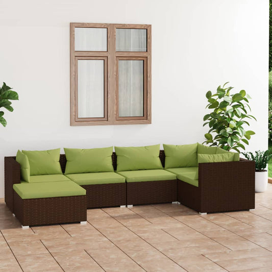 6 pcs conjunto lounge de jardim c/ almofadões vime PE castanho