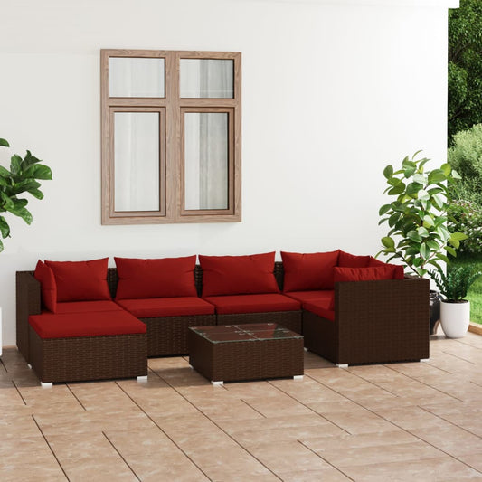 7 pcs conjunto lounge jardim c/ almofadões vime PE castanho