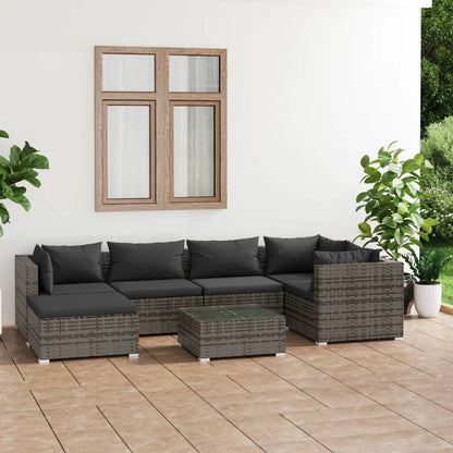 7 pcs conjunto lounge de jardim c/ almofadões vime PE cinzento