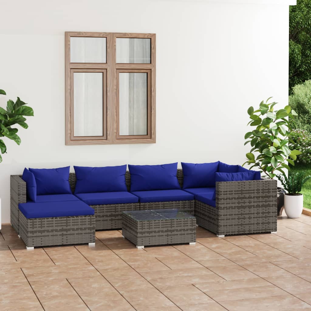 7 pcs conjunto lounge de jardim c/ almofadões vime PE cinzento