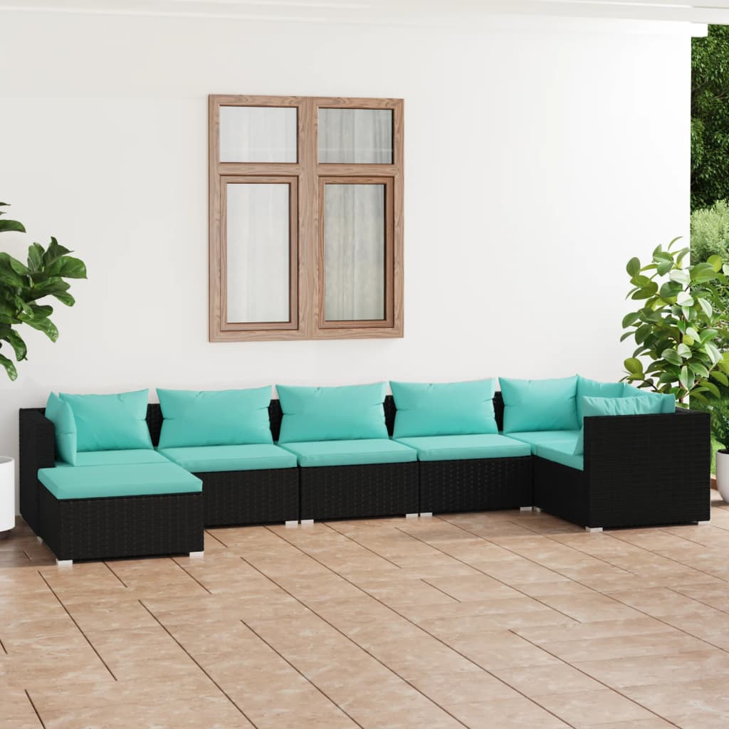 7 pcs conjunto lounge de jardim c/ almofadões vime PE preto