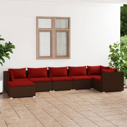 7 pcs conjunto lounge jardim c/ almofadões vime PE castanho