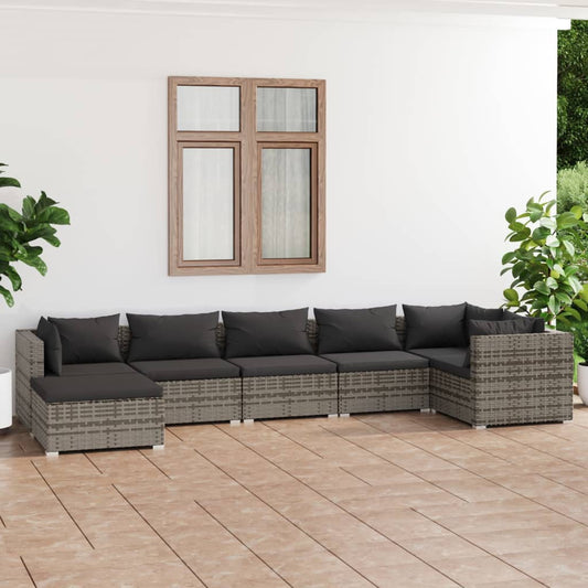 7 pcs conjunto lounge de jardim c/ almofadões vime PE cinzento