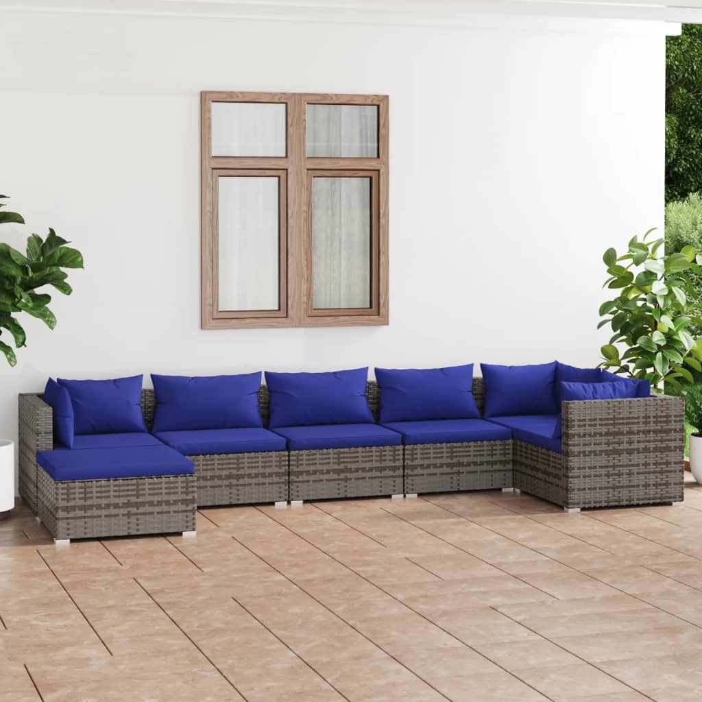 7 pcs conjunto lounge de jardim c/ almofadões vime PE cinzento