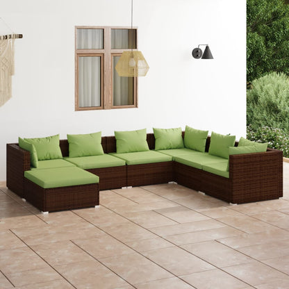 7 pcs conjunto lounge jardim c/ almofadões vime PE castanho