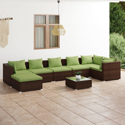 8 pcs conjunto lounge jardim c/ almofadões vime PE castanho