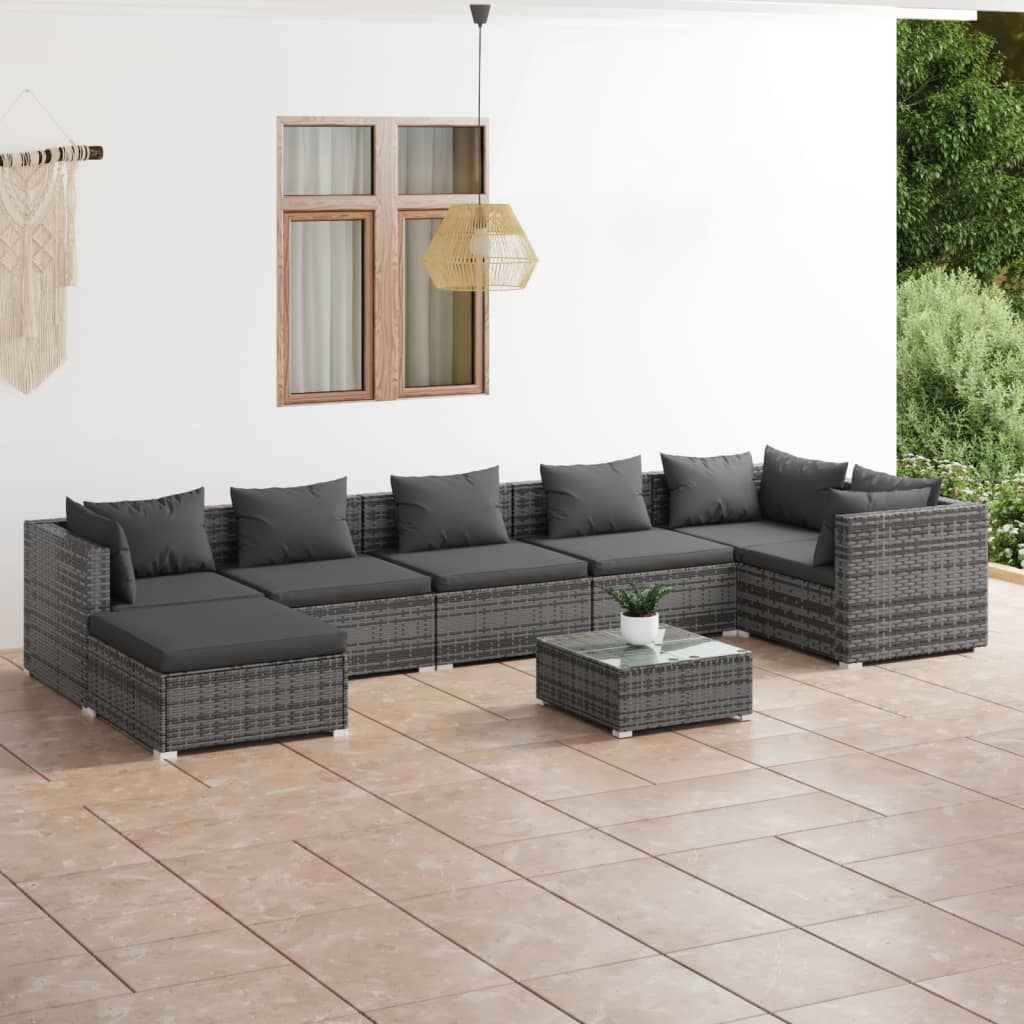 8 pcs conjunto lounge de jardim c/ almofadões vime PE cinzento