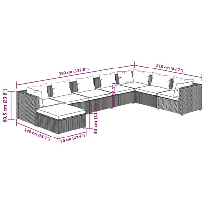 8 pcs conjunto lounge jardim c/ almofadões vime PE castanho