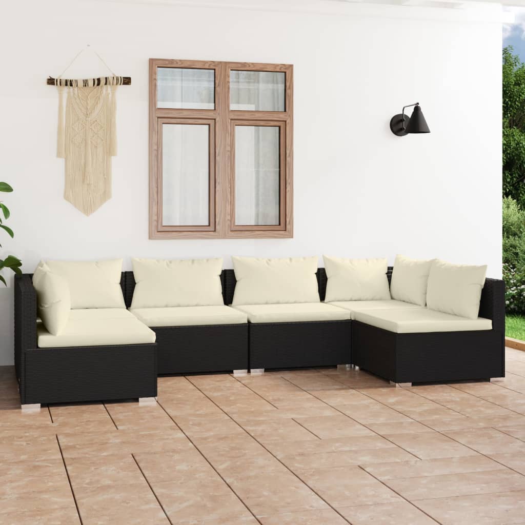 6 pcs conjunto lounge de jardim c/ almofadões vime PE preto