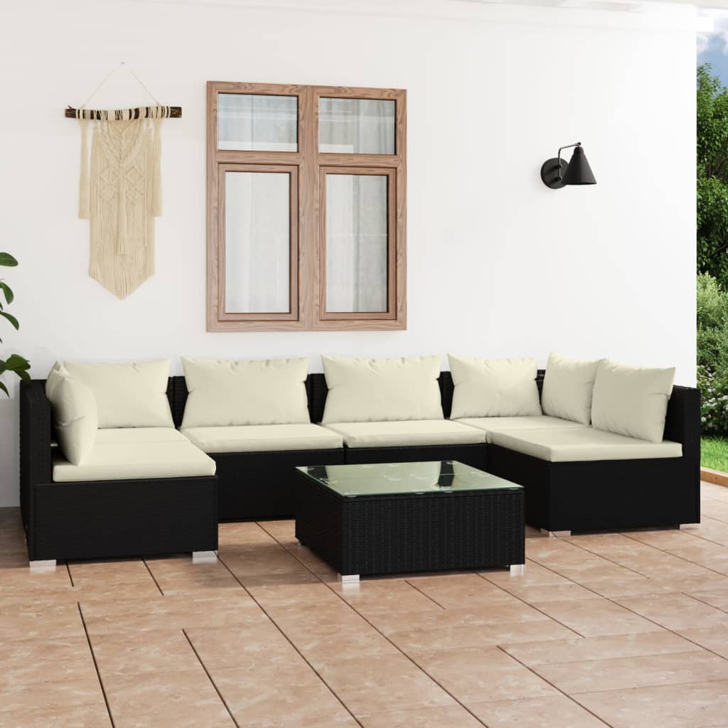 7 pcs conjunto lounge de jardim c/ almofadões vime PE preto