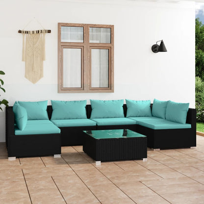 7 pcs conjunto lounge de jardim c/ almofadões vime PE preto