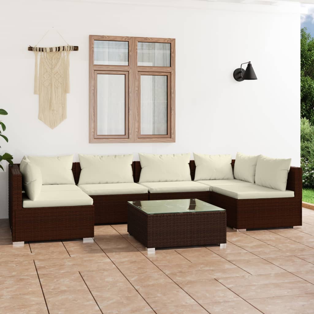 7 pcs conjunto lounge jardim c/ almofadões vime PE castanho