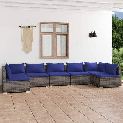 7 pcs conjunto lounge de jardim c/ almofadões vime PE cinza