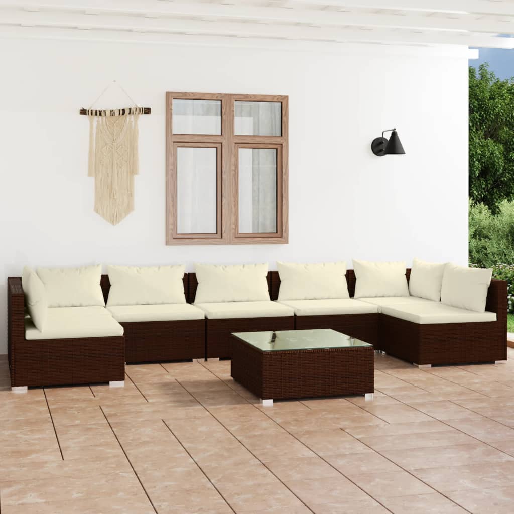 8 pcs conjunto lounge jardim c/ almofadões vime PE castanho