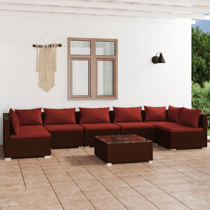 8 pcs conjunto lounge jardim c/ almofadões vime PE castanho