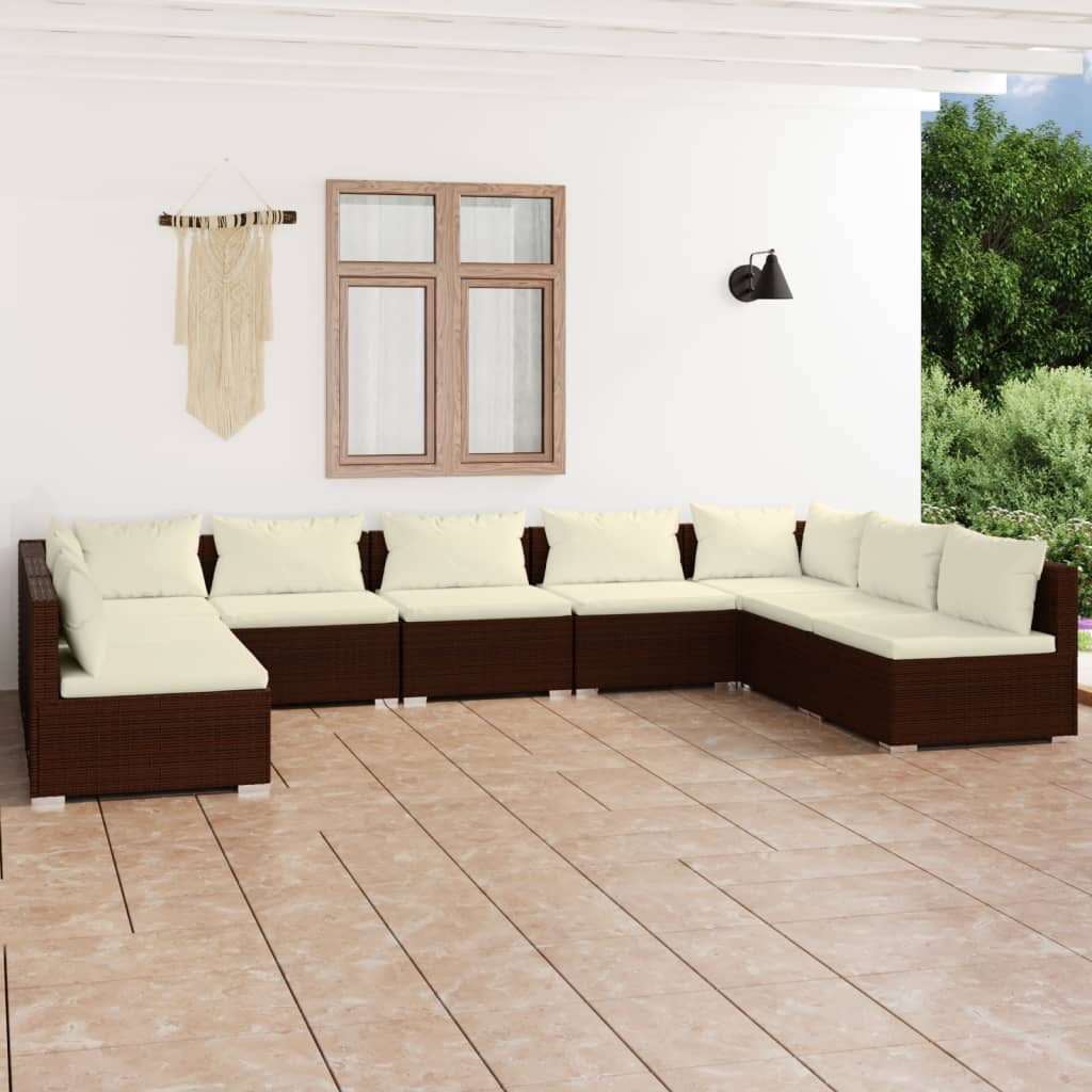 9 pcs conjunto lounge jardim c/ almofadões vime PE castanho