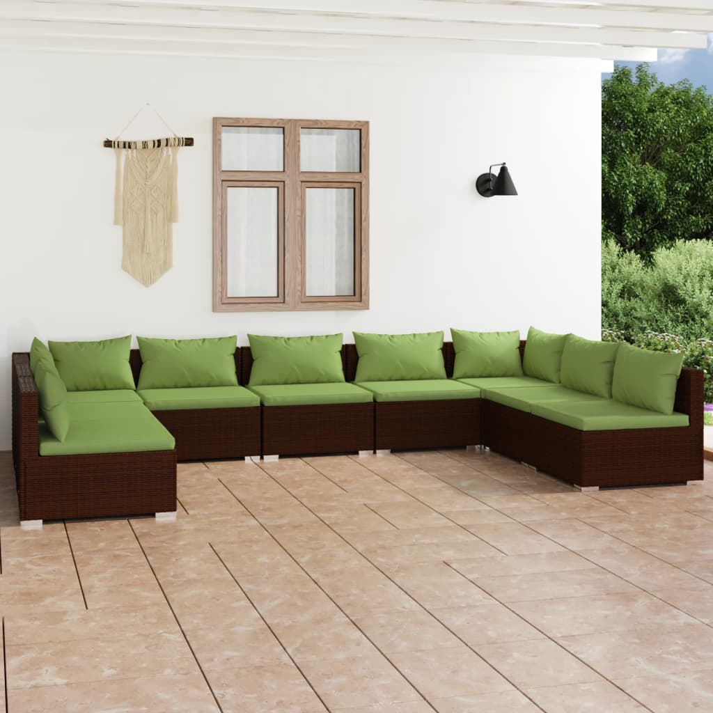 9 pcs conjunto lounge de jardim c/ almofadões vime PE castanho