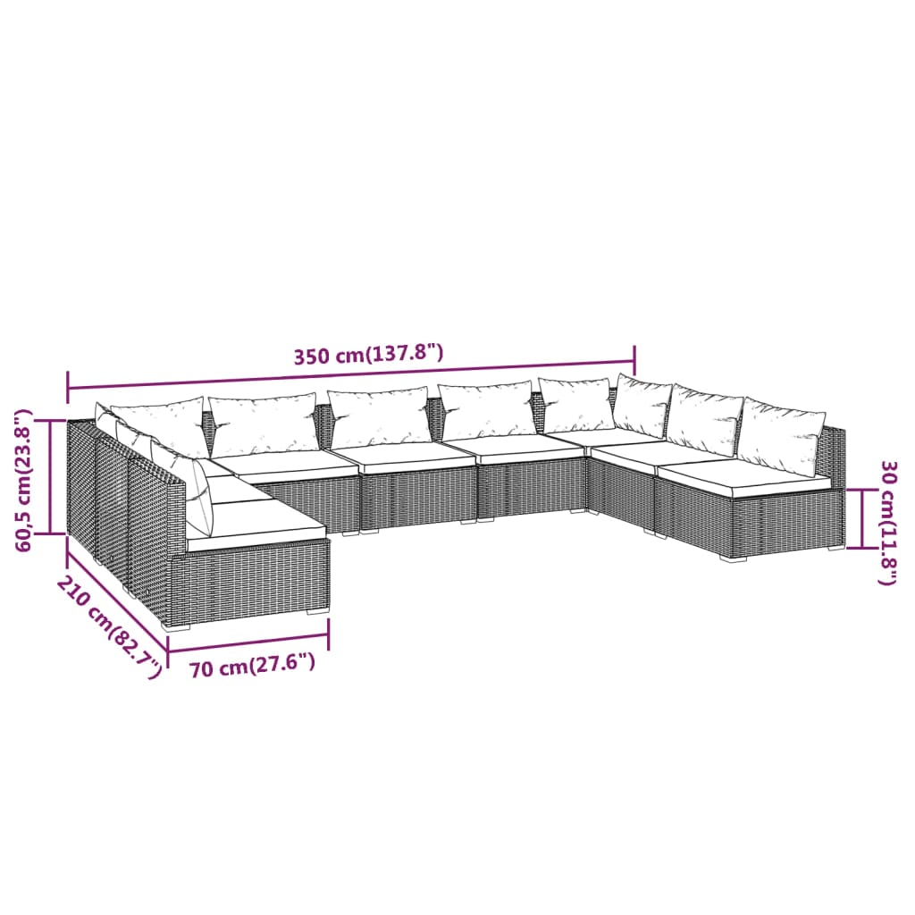 9 pcs conjunto lounge de jardim c/ almofadões vime PE cinzento