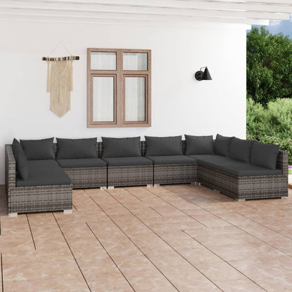 9 pcs conjunto lounge de jardim c/ almofadões vime PE cinzento