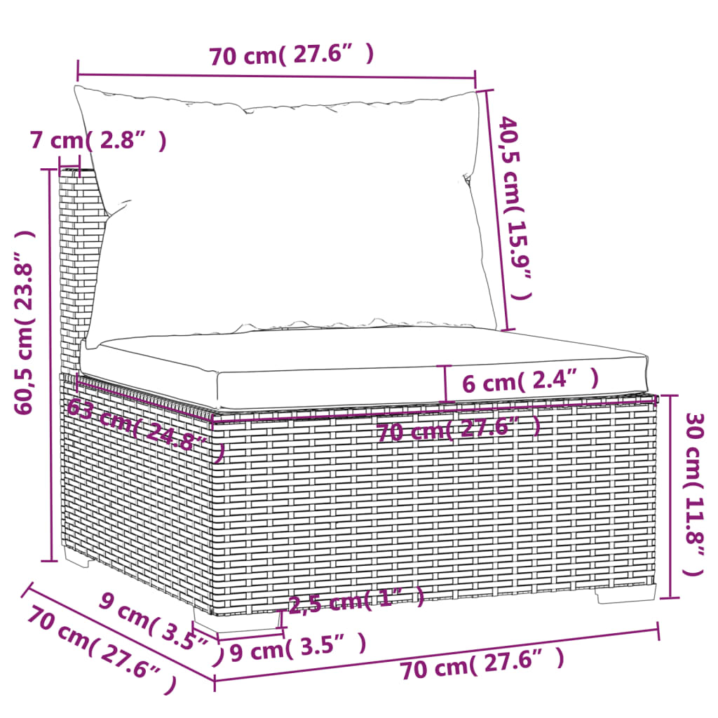 9 pcs conjunto lounge de jardim c/ almofadões vime PE cinza