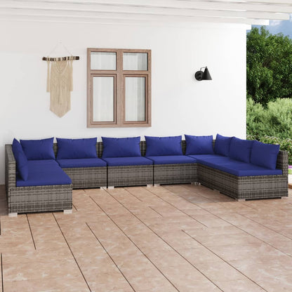 9 pcs conjunto lounge de jardim c/ almofadões vime PE cinza