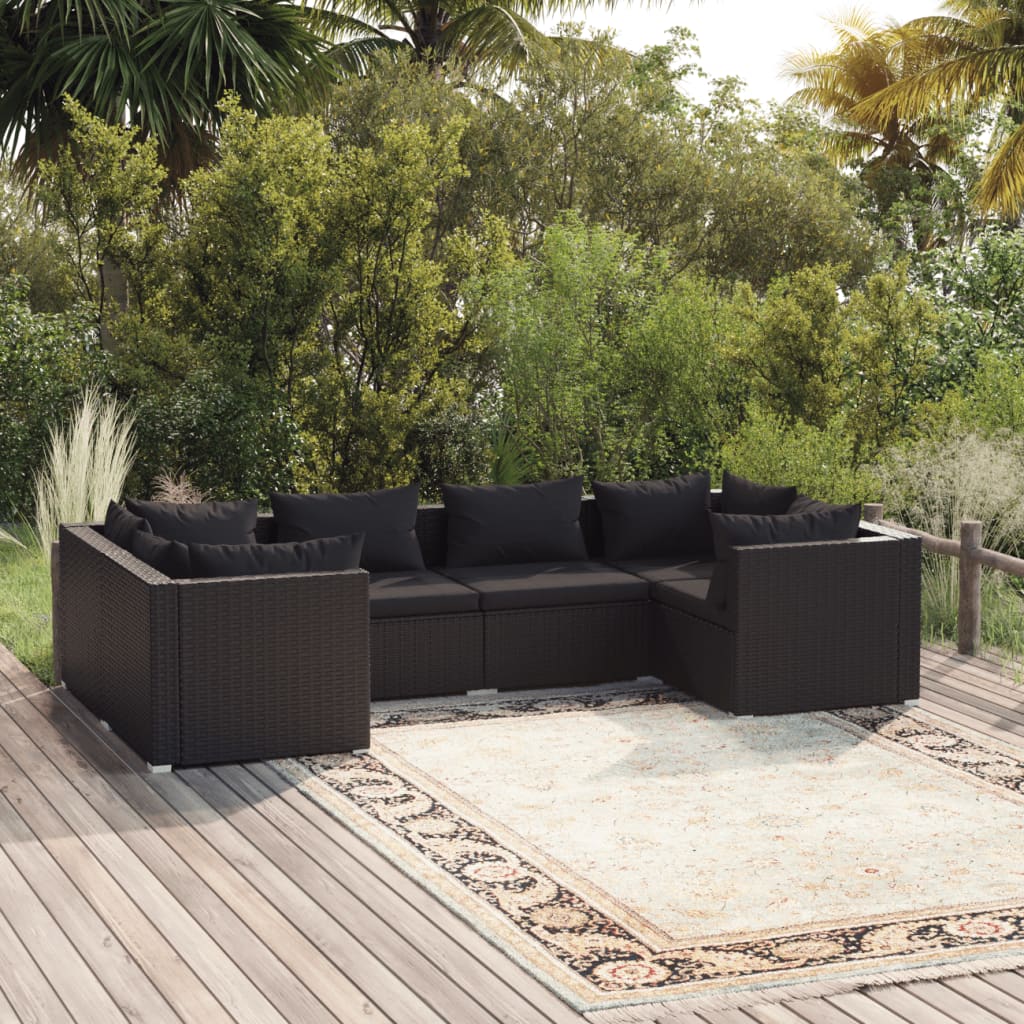 6 pcs conjunto lounge de jardim c/ almofadões vime PE preto