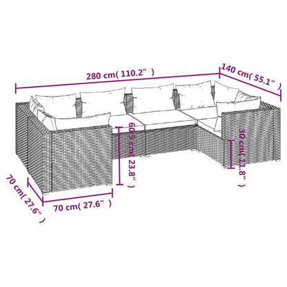 6 pcs conjunto lounge jardim c/ almofadões vime PE castanho