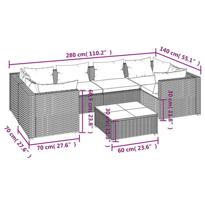 7 pcs conjunto lounge de jardim c/ almofadões vime PE preto