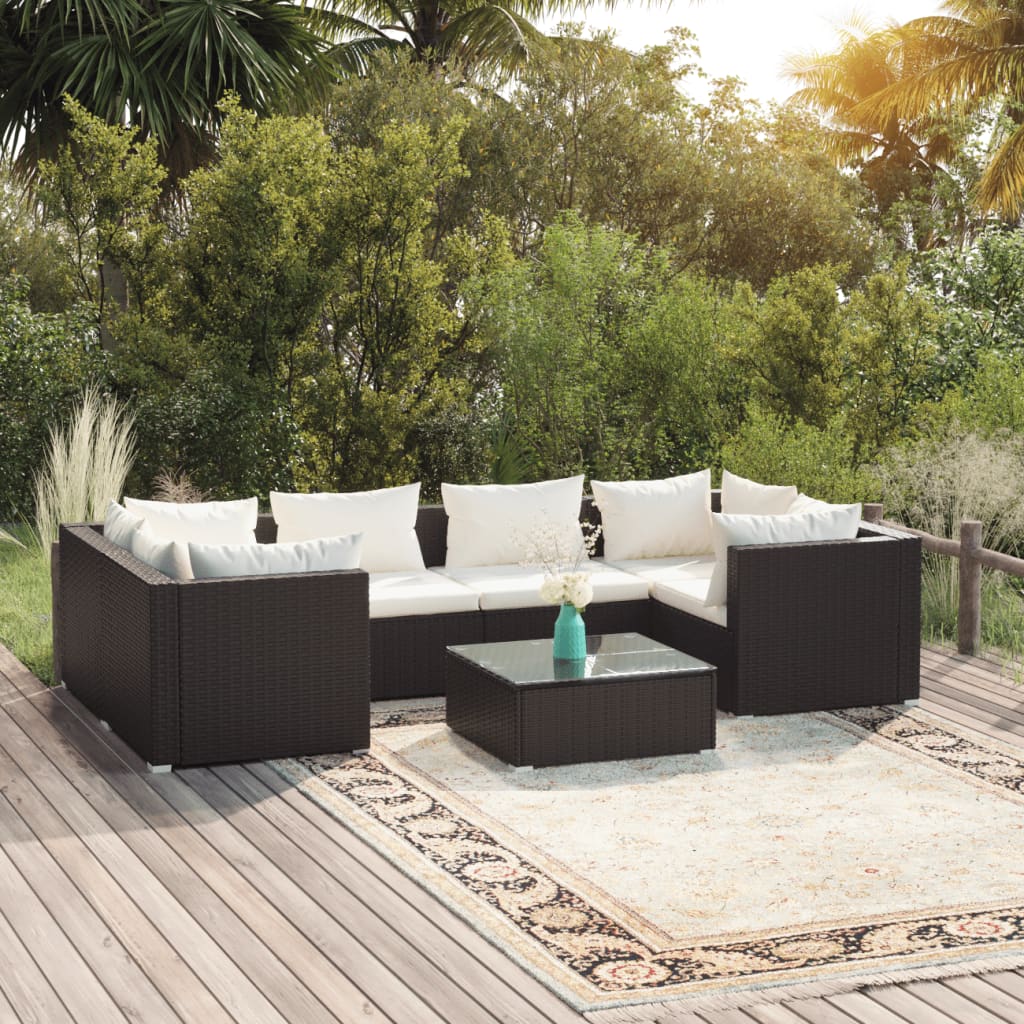 7 pcs conjunto lounge de jardim c/ almofadões vime PE preto