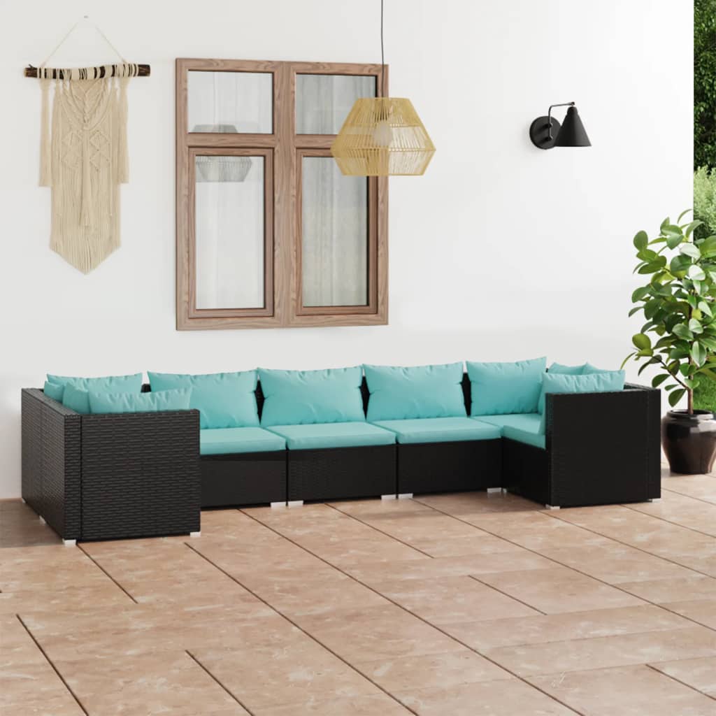 7 pcs conjunto lounge de jardim c/ almofadões vime PE preto