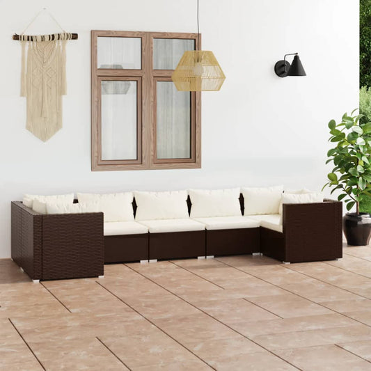 7 pcs conjunto lounge jardim c/ almofadões vime PE castanho