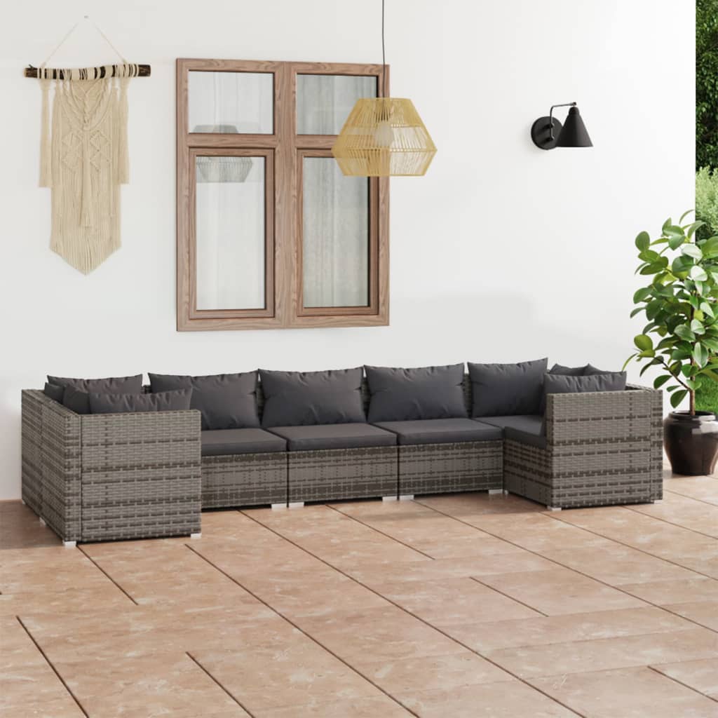 7 pcs conjunto lounge de jardim c/ almofadões vime PE cinzento