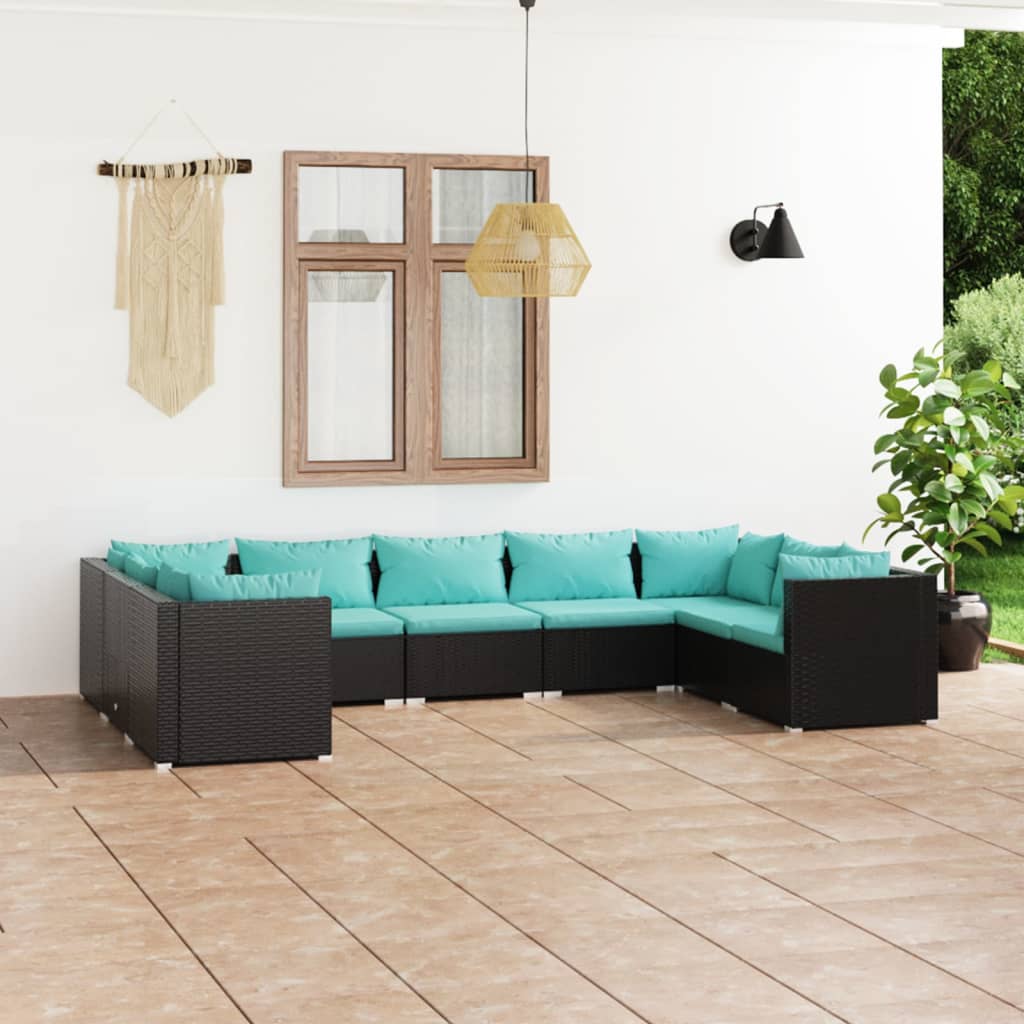 9 pcs conjunto lounge de jardim c/ almofadões vime PE preto