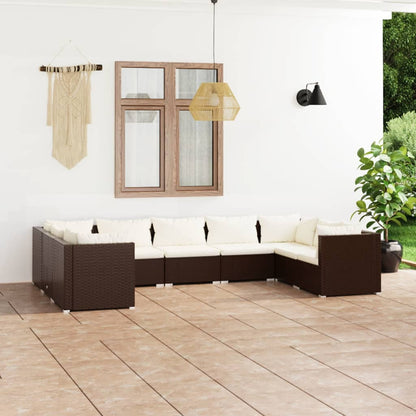 9 pcs conjunto lounge jardim c/ almofadões vime PE castanho