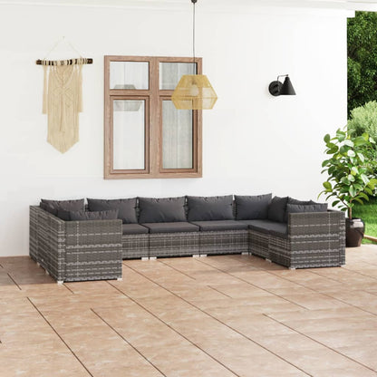 9 pcs conjunto lounge de jardim c/ almofadões vime PE cinzento